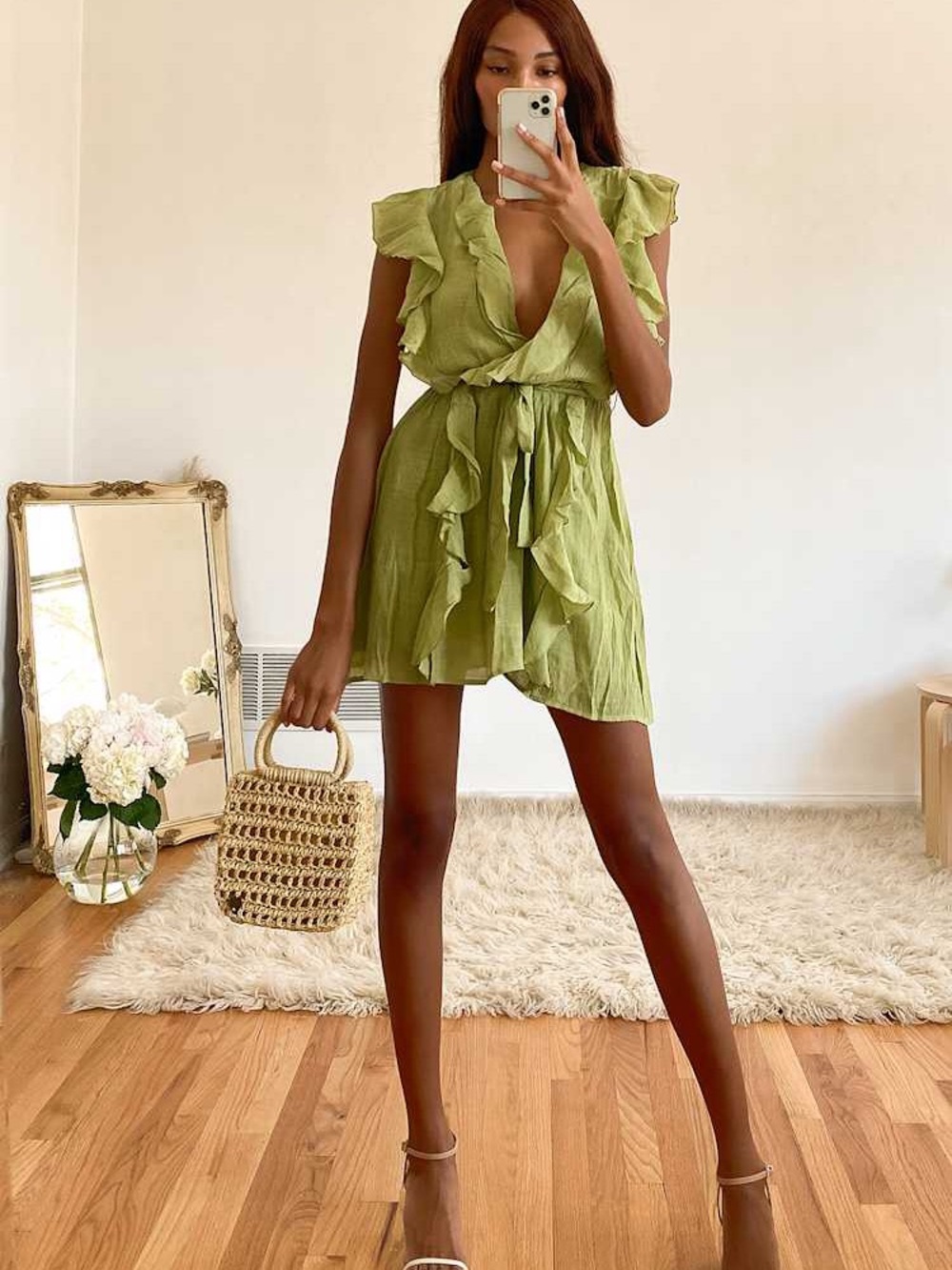 MINKPINK Light Green Fooling Around Ruffled Mini Dress